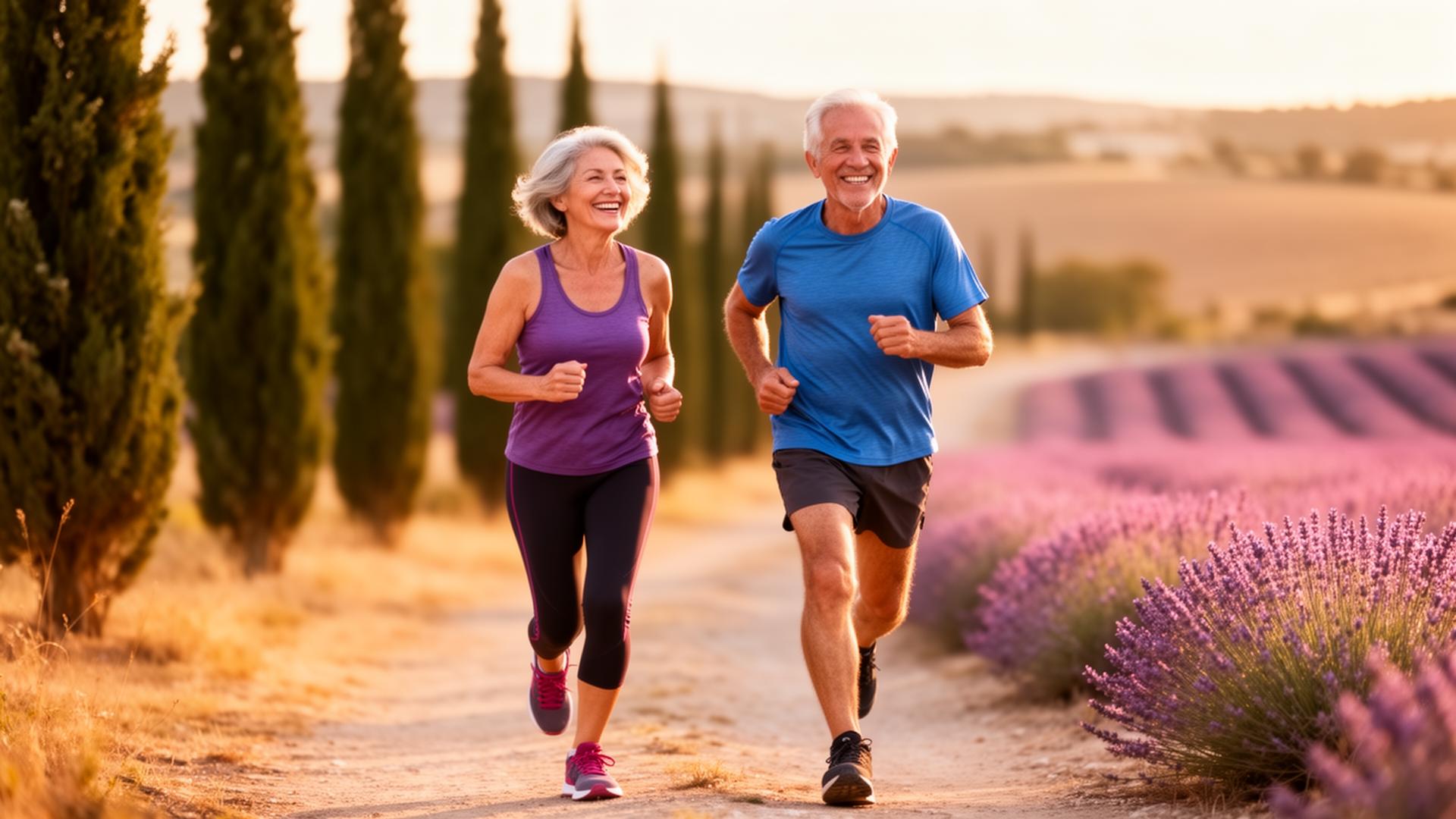 Couple actif courant sur un sentier en Provence
